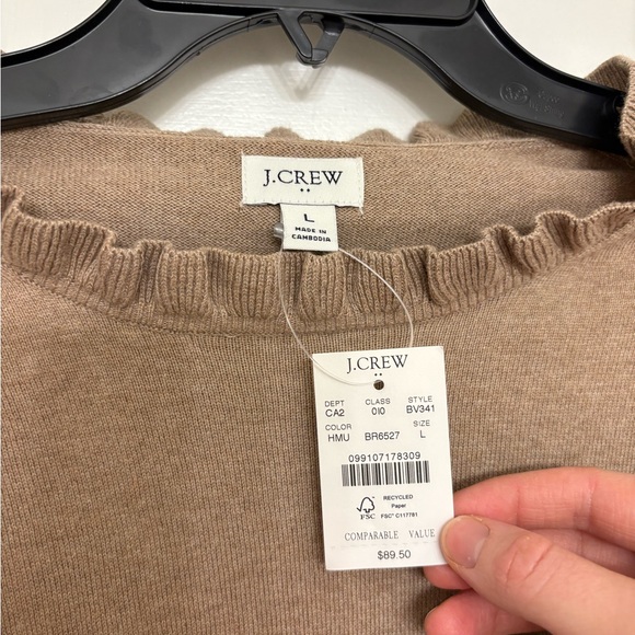 NWT J.Crew Factory Cotton Ruffleneck Sweater Hthr Mushroom color Women’s size L - Picture 3 of 7